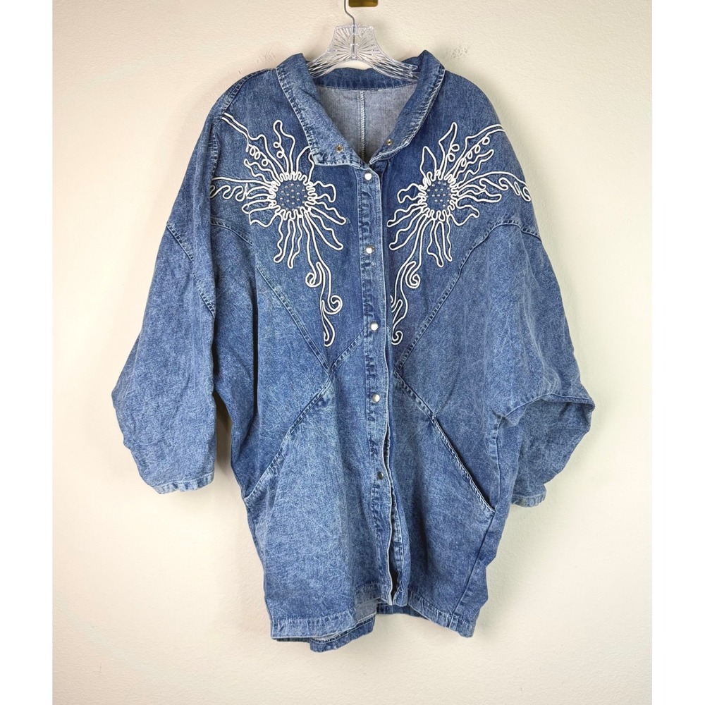 Vintage Denim Jacket Womens XL Blue Acid Wash Soutache Embroidered Oversized 80s